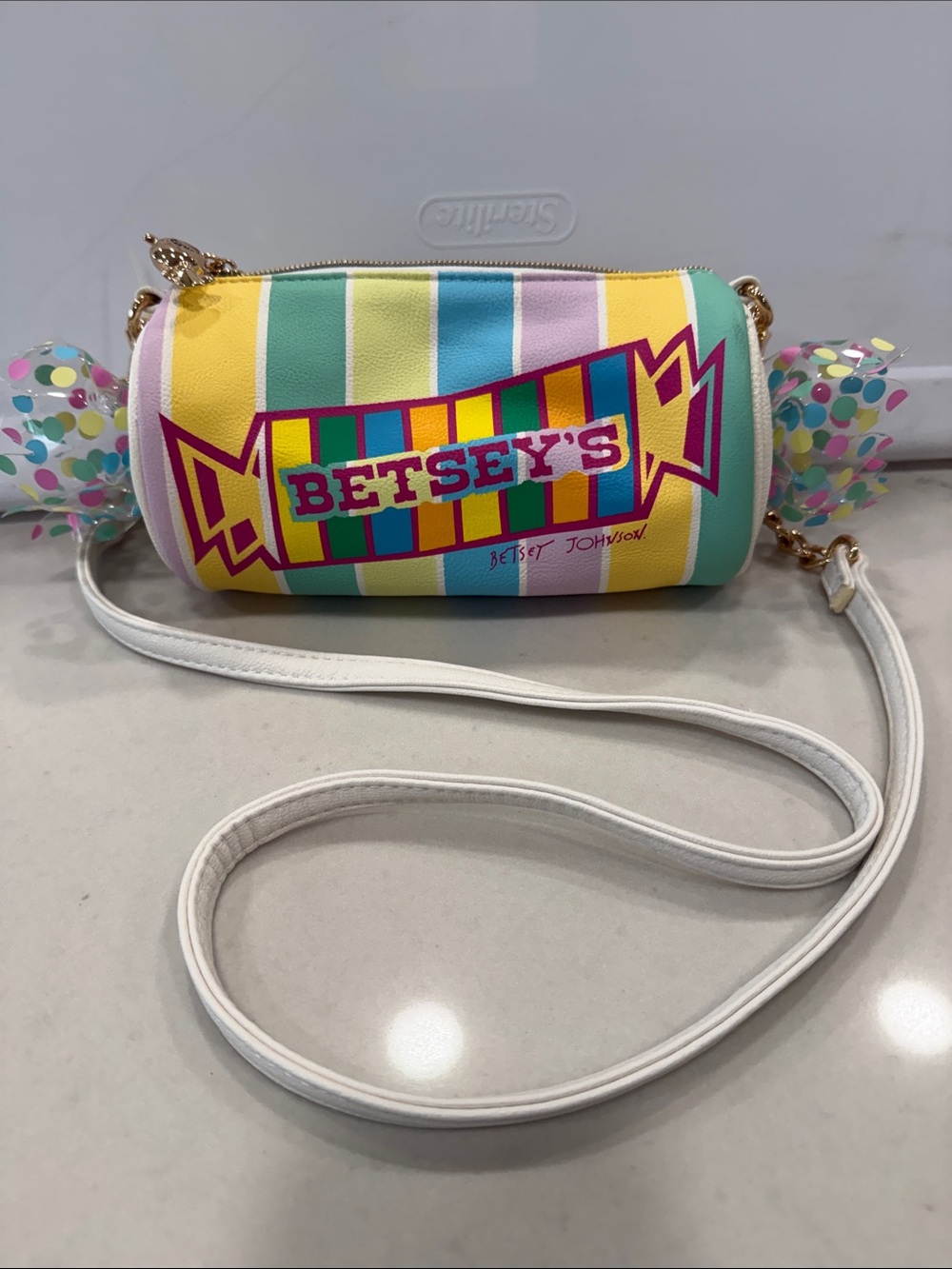 Betsey Johnson Pastel Stripe Candy-Graphic Mini Crossbody